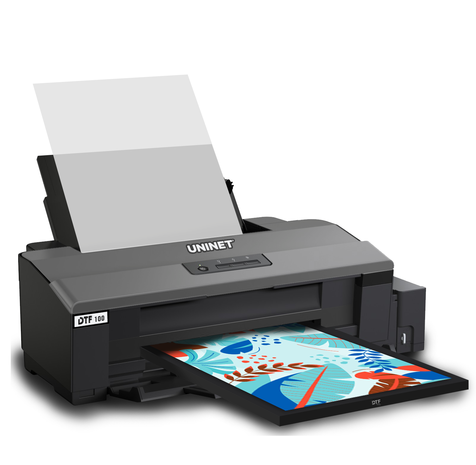 UNINET printer with a colorful print output on a white background