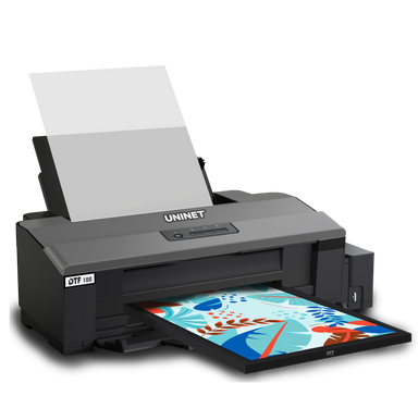 UNINET printer with a colorful print output on a white background