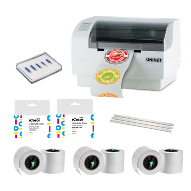 UNINET printer with ink cartridges and paper on a white background