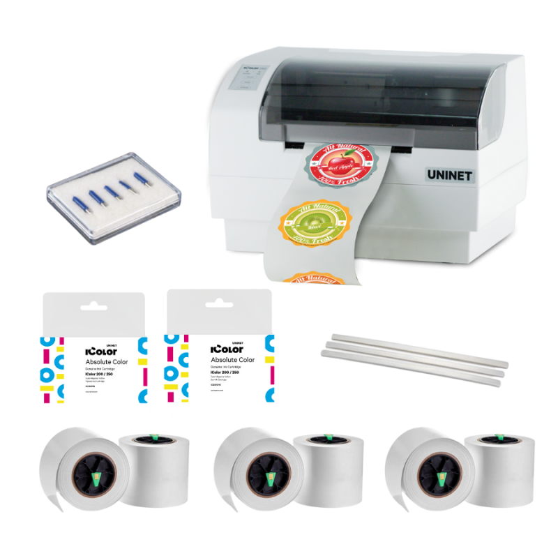 UNINET printer with ink cartridges and paper on a white background