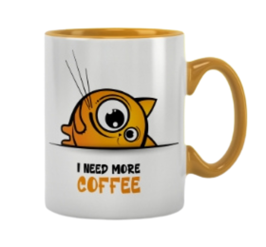 Mug with cartoon cat and 'I need more coffee' text on a white background