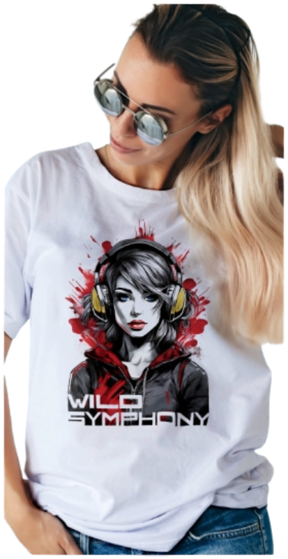 Person wearing a white t-shirt with a graphic design and text