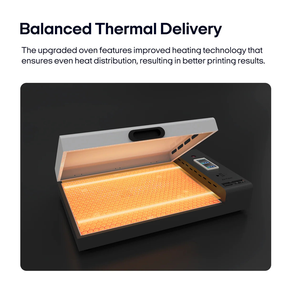 Procolored DTF Oven with open door showing glowing interior on a black background, text about balanced thermal delivery.