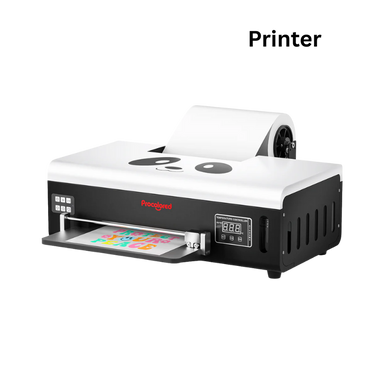 White printer with colorful output on a white background