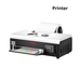 White printer with colorful output on a white background