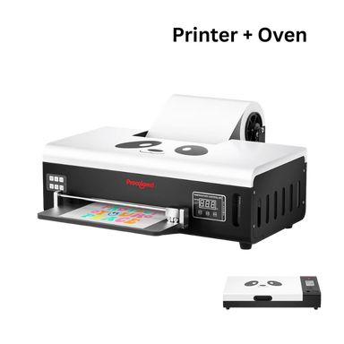 Prinergy printer and oven on a white background with 'Printer + Oven' text.