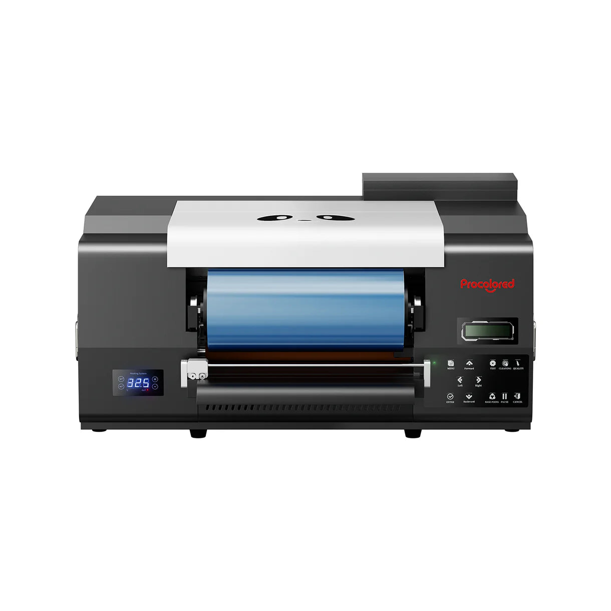 Black and silver machine with a digital display on a white background