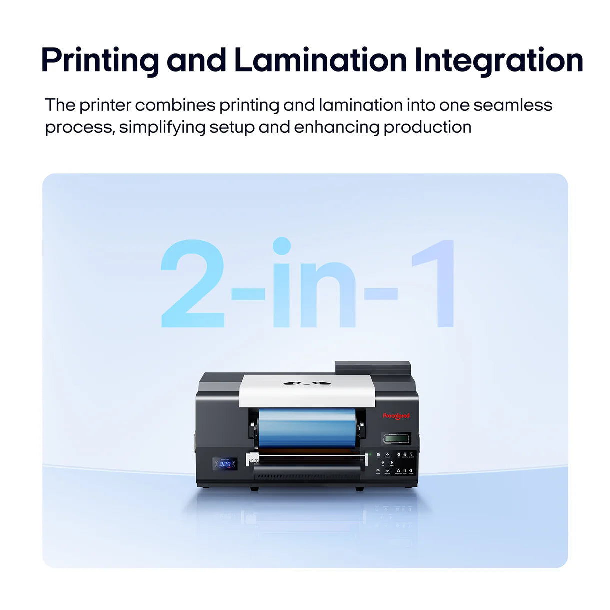 2-in-1 printing and lamination machine with text highlighting its features on a light blue background