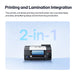 2-in-1 printing and lamination machine with text highlighting its features on a light blue background