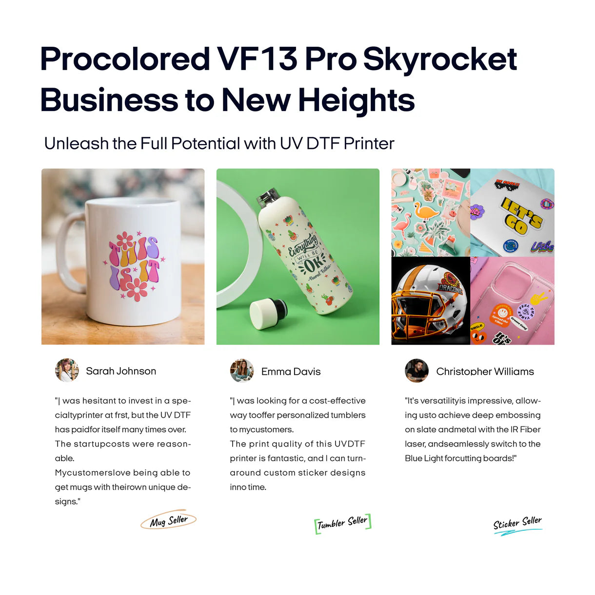 Promotional image for UV DTF printer with product examples and customer testimonials.