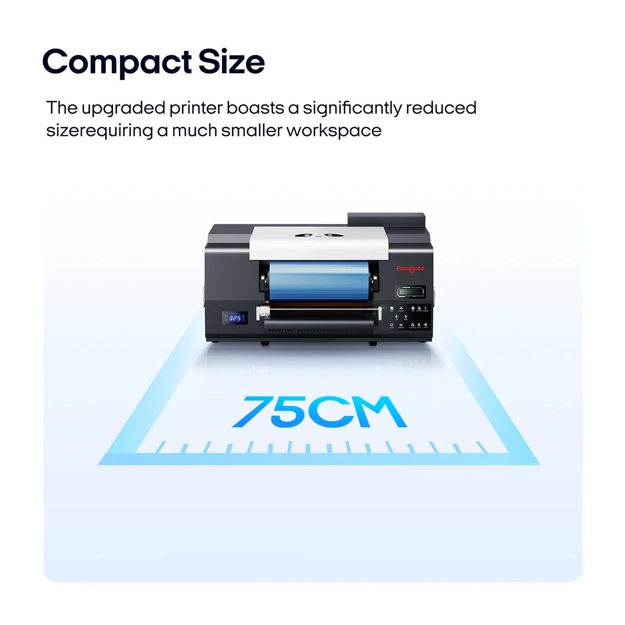 Compact printer with a 75CM measurement graphic on a white background