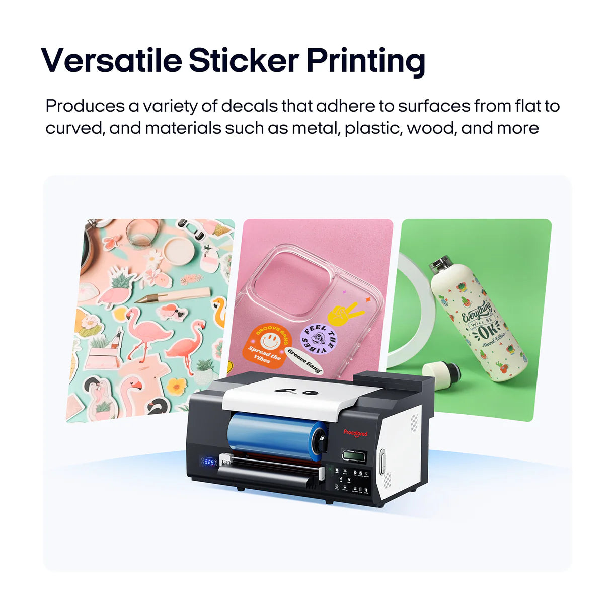 Sticker printing machine with examples of printed stickers on a white background