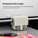 Protective film cutter attached to a printer with text explaining its function.