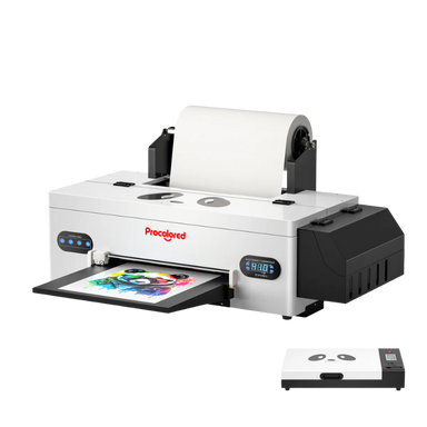 Procolpred printer with a roll of paper and a printed product on a white background