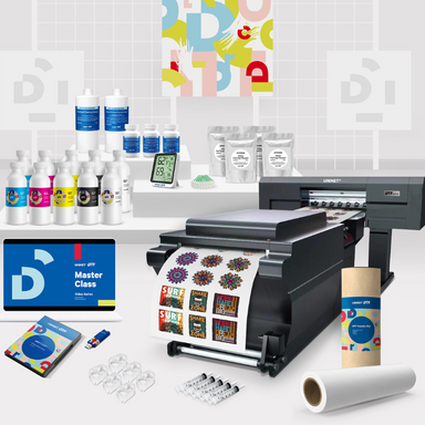 Digital printing setup with printer, ink bottles, and printed materials on a white background.
