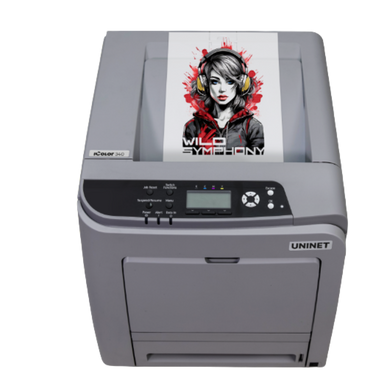 Gray printer with a colorful graphic on a white background