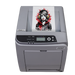 Gray printer with a colorful graphic on a white background