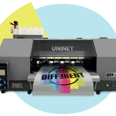 UNINET printer with colorful print output on a white background